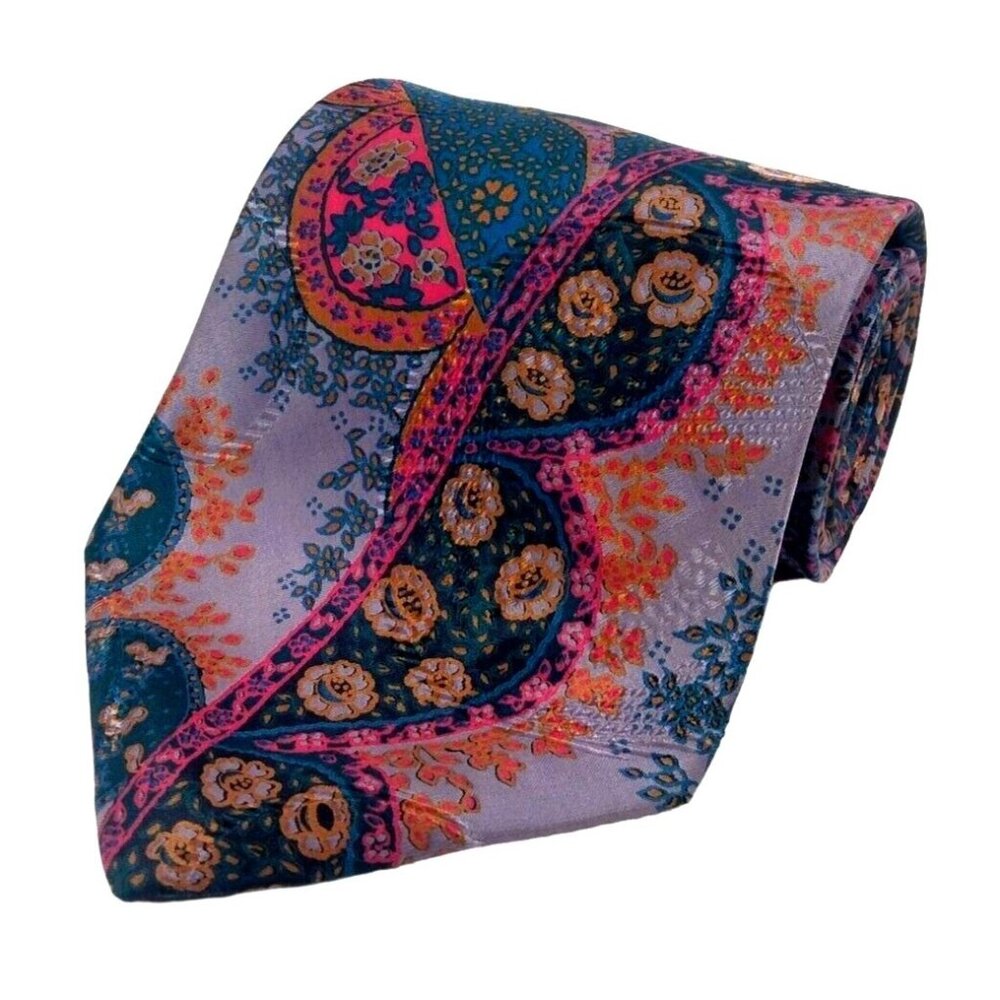 Brioni paisley floral purple blue red and gold silk tie
